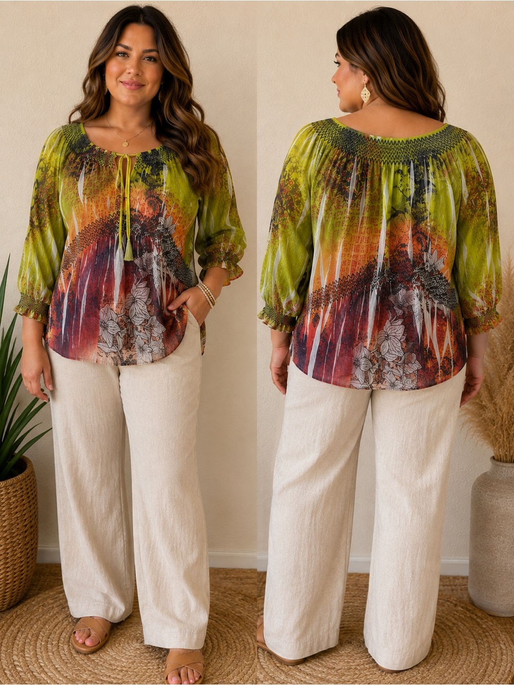 Vintage Y2K Boho Abstract Print Smocked Peasant Blouse Floral Long Sleeve L Art
